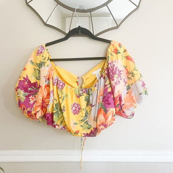H&M Women's Floral Print Puff Sleeve Open Back Top - Picture 1 of 9